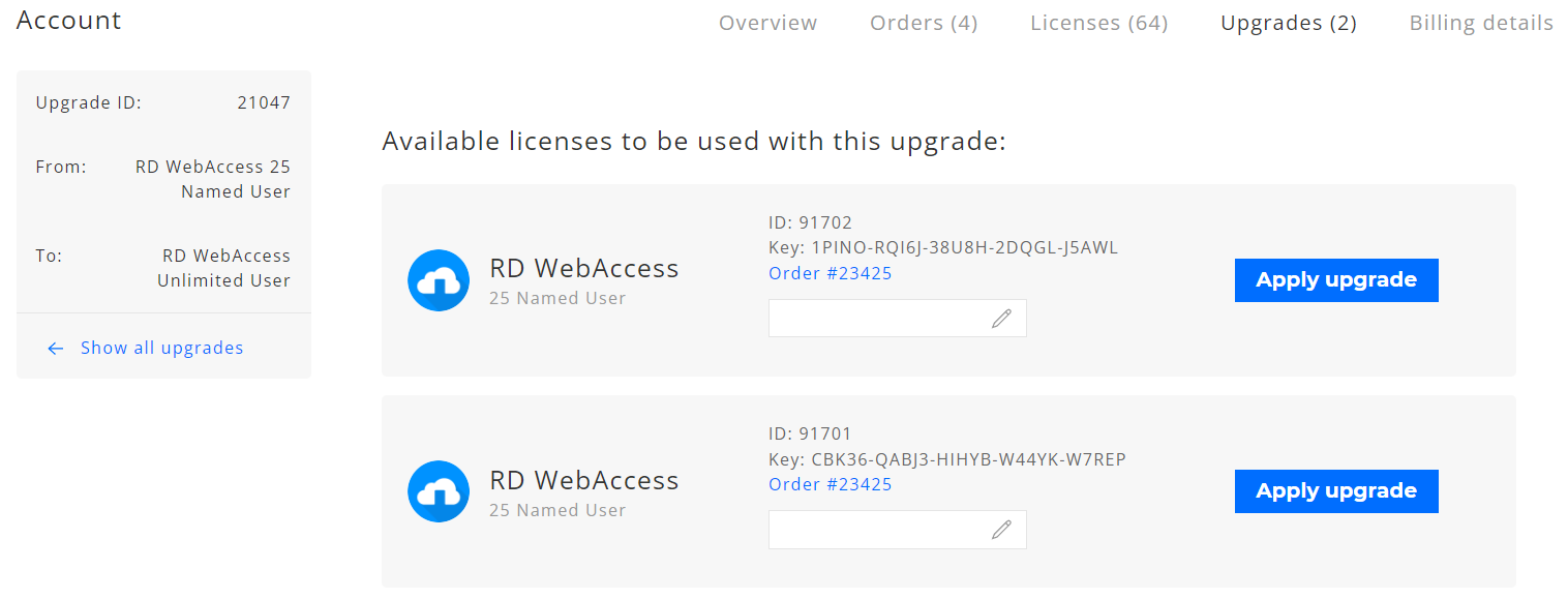 Apply license upgrade