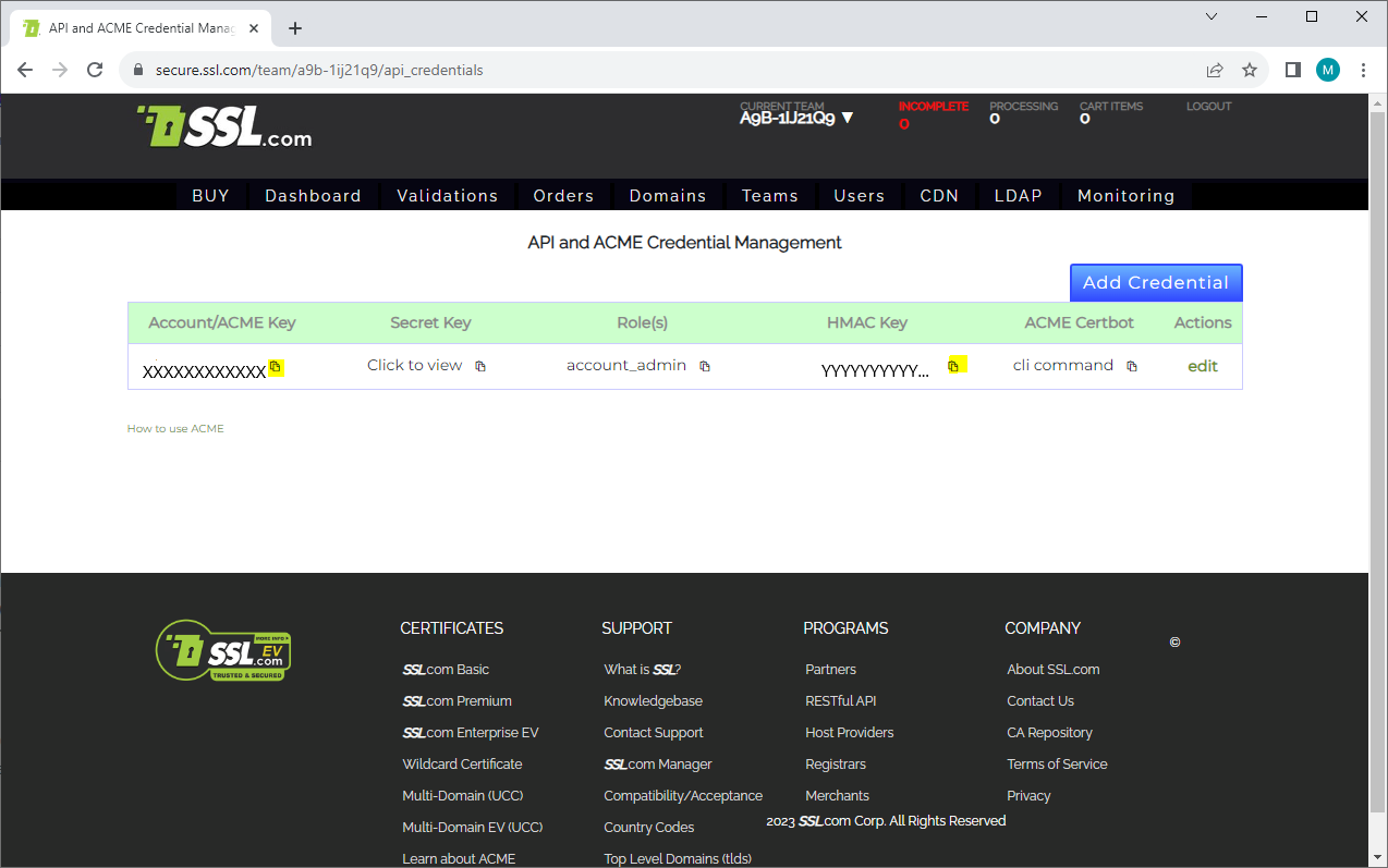 ACME SSL.com API Credentials