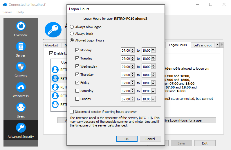 RD Advanced Security Logon Hours - User Details