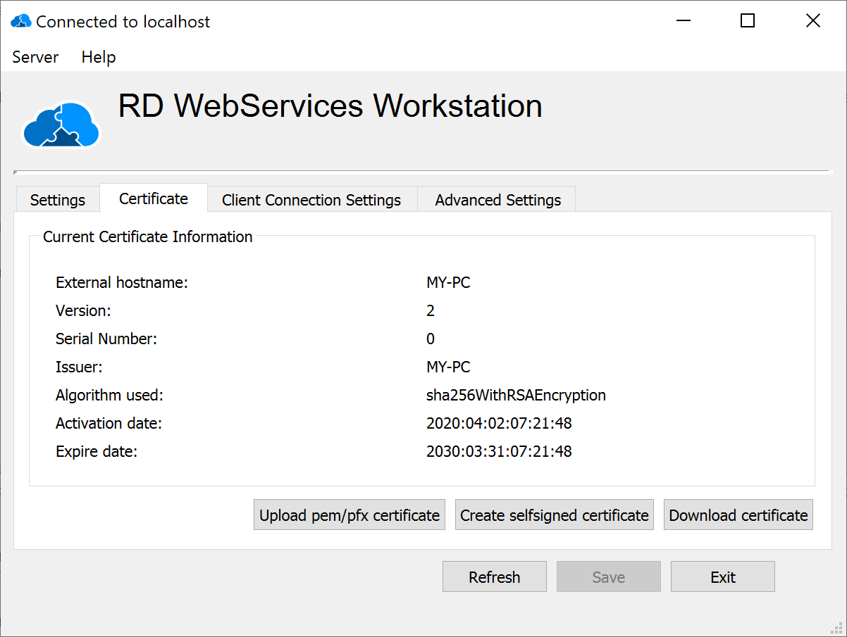 Certificate dialog